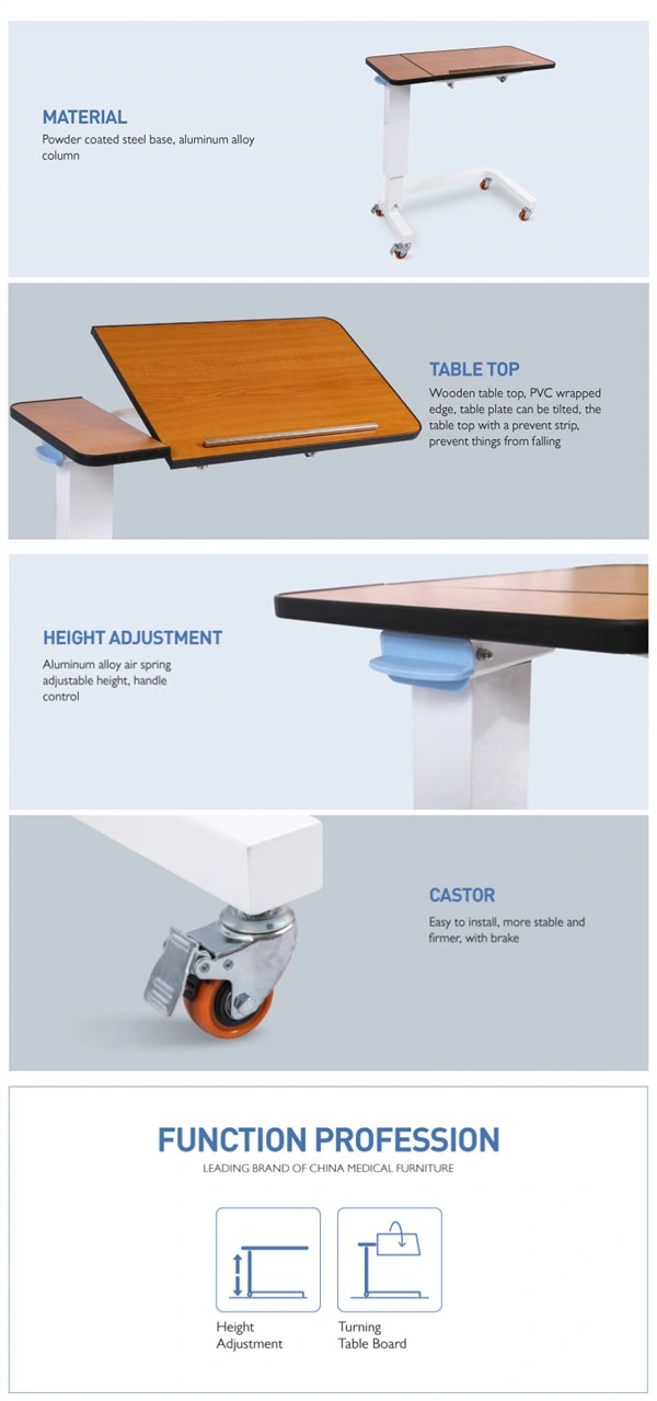 Easy Clean Wooden Table Top Hospital Furniture Medical Device Over Bed Bedside Table Hospital Adjustable Over Bed Table for Patient